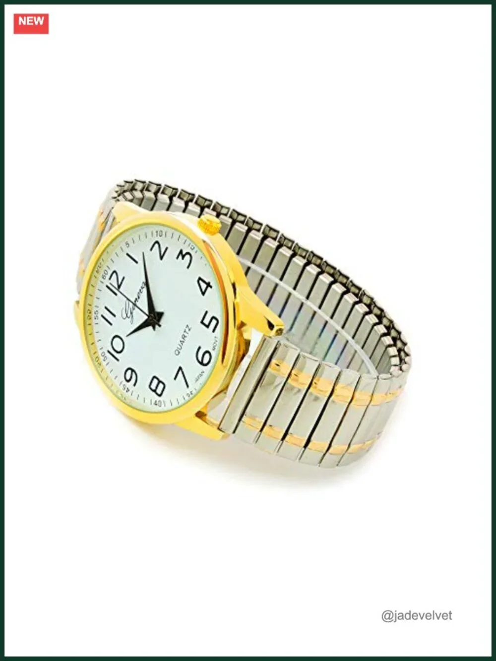 Two-Tone Stretch Band Watch Large Face Easy to Read Japanese Quartz